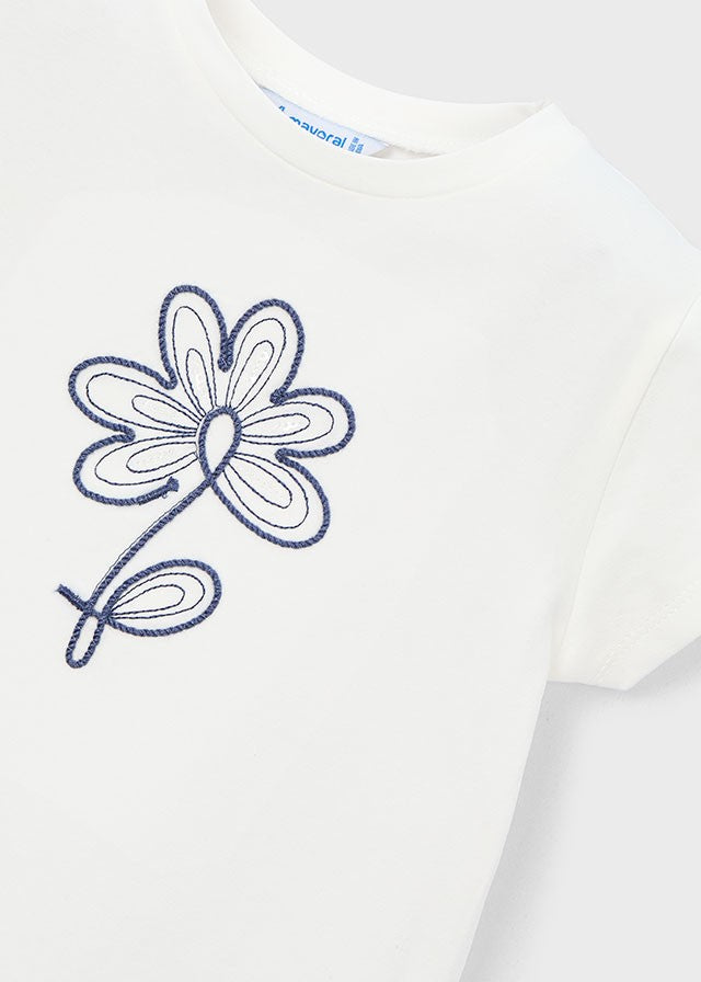 Mayoral Kız Çocuk Çiçek Detalı Beyaz Tshirt Kısa Kol Basic