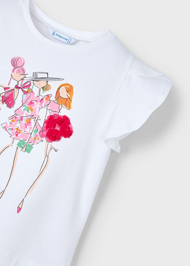 3004 Mayoral Kız Çocuk Beyaz Üzeri Desenli Tshirt