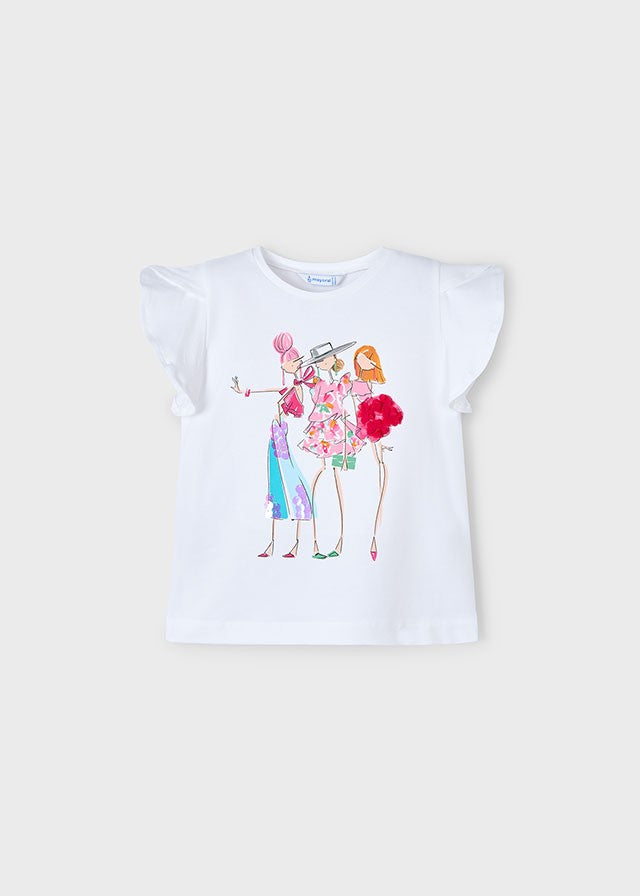 3004 Mayoral Kız Çocuk Beyaz Üzeri Desenli Tshirt