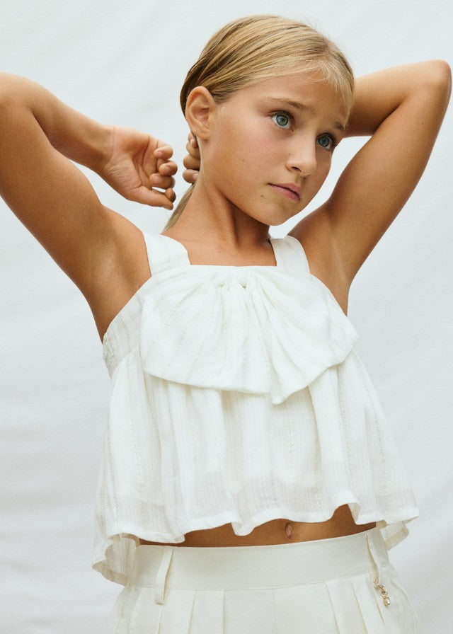 Mayoral Kız Çocuk Fiyonk Detaylı Beyaz Askılı Crop Tshirt