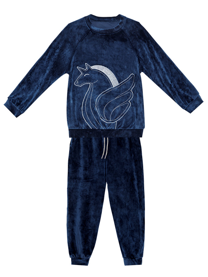 Denokids Lacivert Kadife Unicorn Kız Çocuk Eşofman Takım