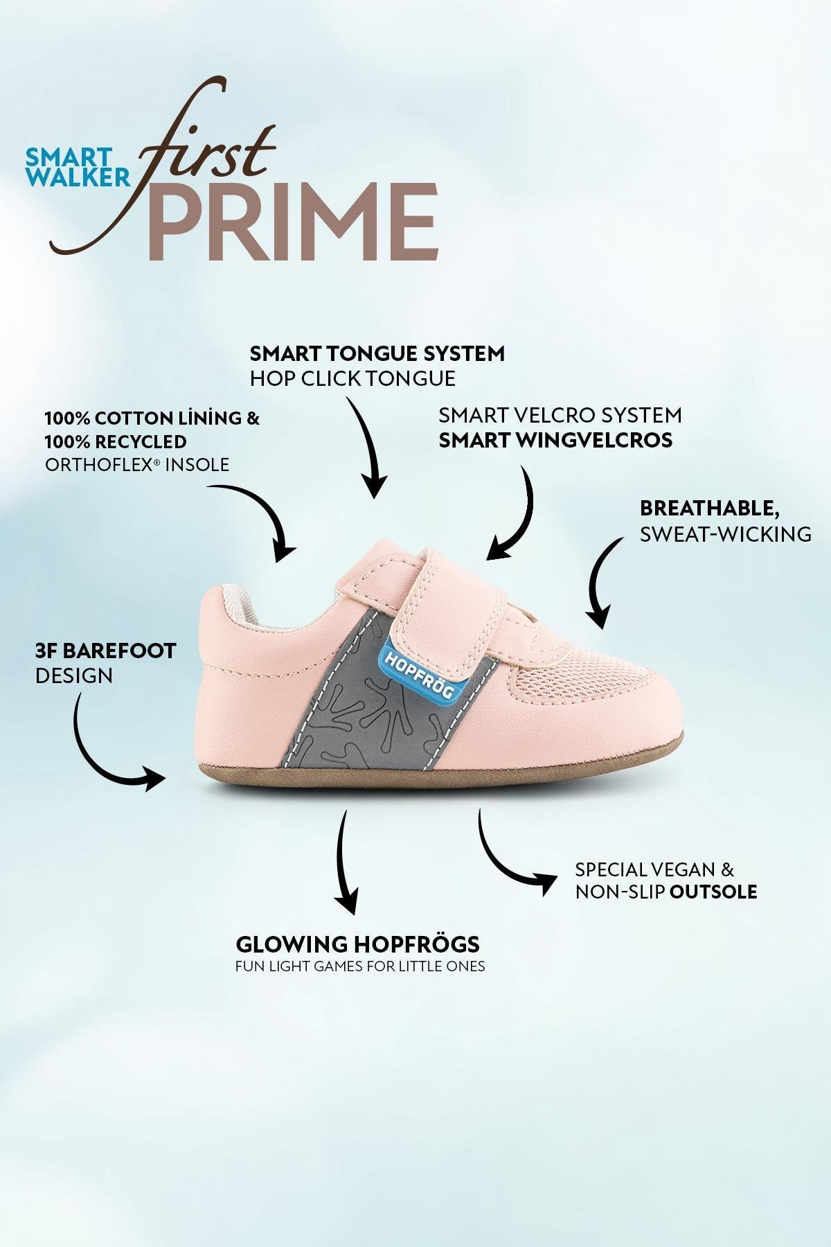 Hopfrög Smart Walker First Prime Havalı Pembe Barefoot İlk Adım Bebek Ayakkabı