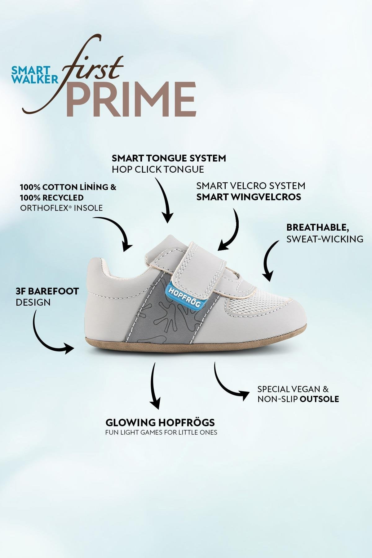 Hopfrög Smart Walker First Prime Super Mat Havalı Gri Barefoot İlk Adım Bebek Ayakkabı