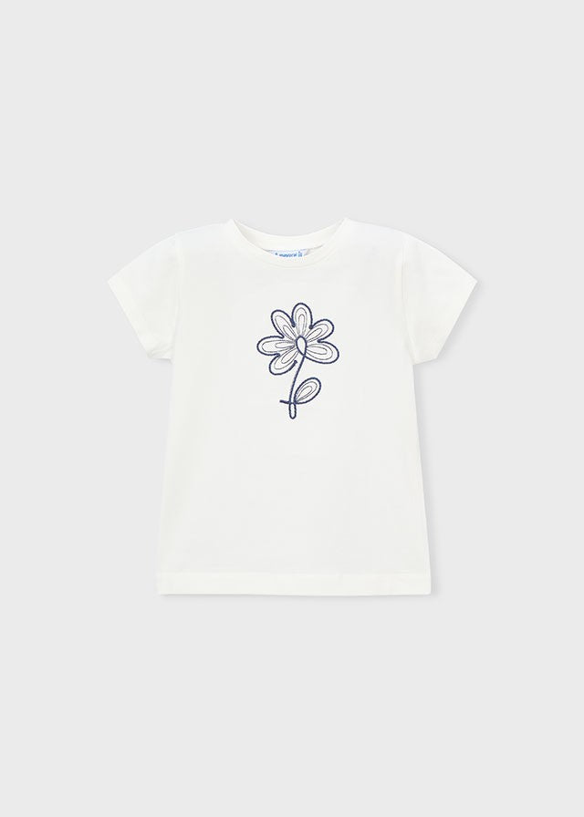 Mayoral Kız Çocuk Çiçek Detalı Beyaz Tshirt Kısa Kol Basic
