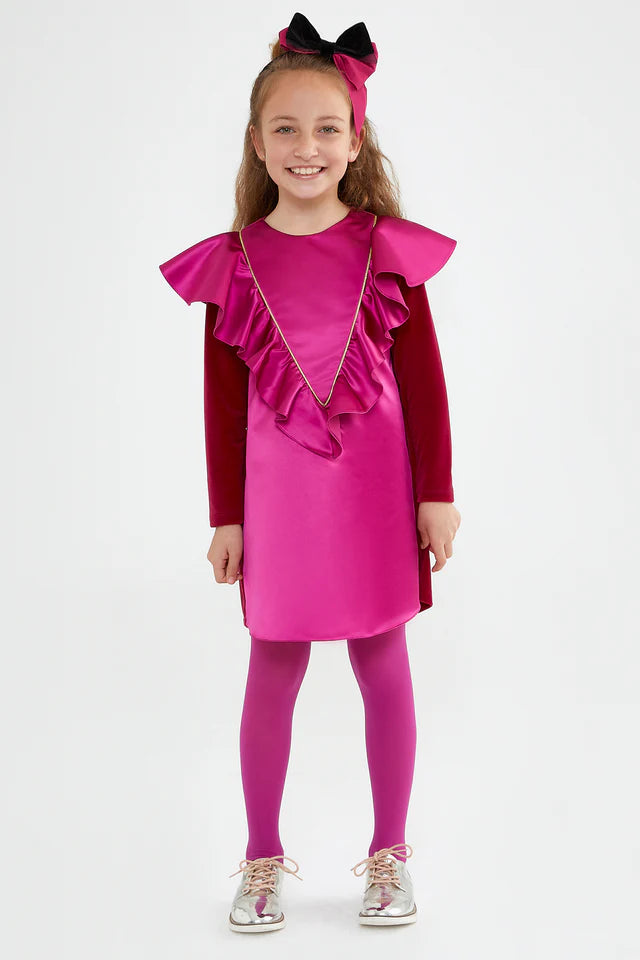 SheShe Kadife Kollu Fuşya Tafta Elbise