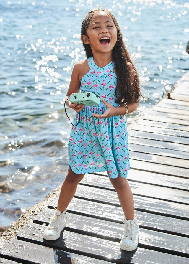 3938 Mayoral Kız Çocuk Mavi Flamingo Desenli Elbise