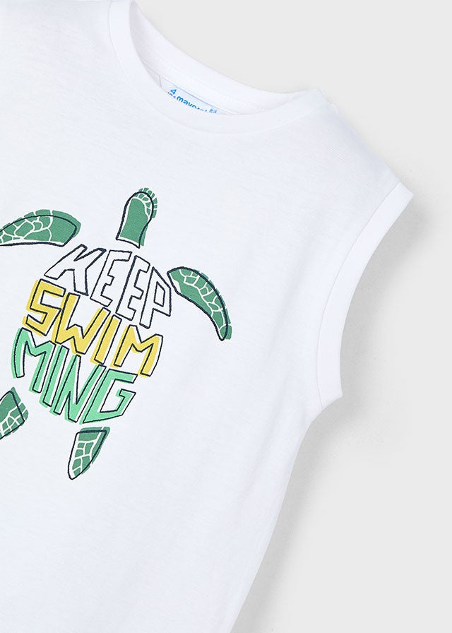 3053 Mayoral Erkek Çocuk Kolsuz Beyaz Üzeri Kaplumbağ Desenli Tshirt