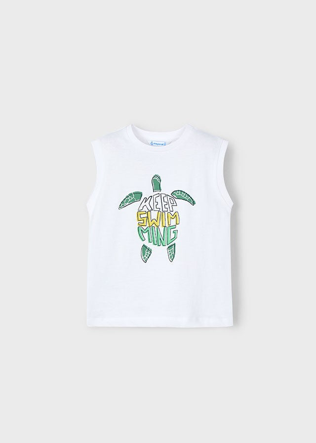 3053 Mayoral Erkek Çocuk Kolsuz Beyaz Üzeri Kaplumbağ Desenli Tshirt