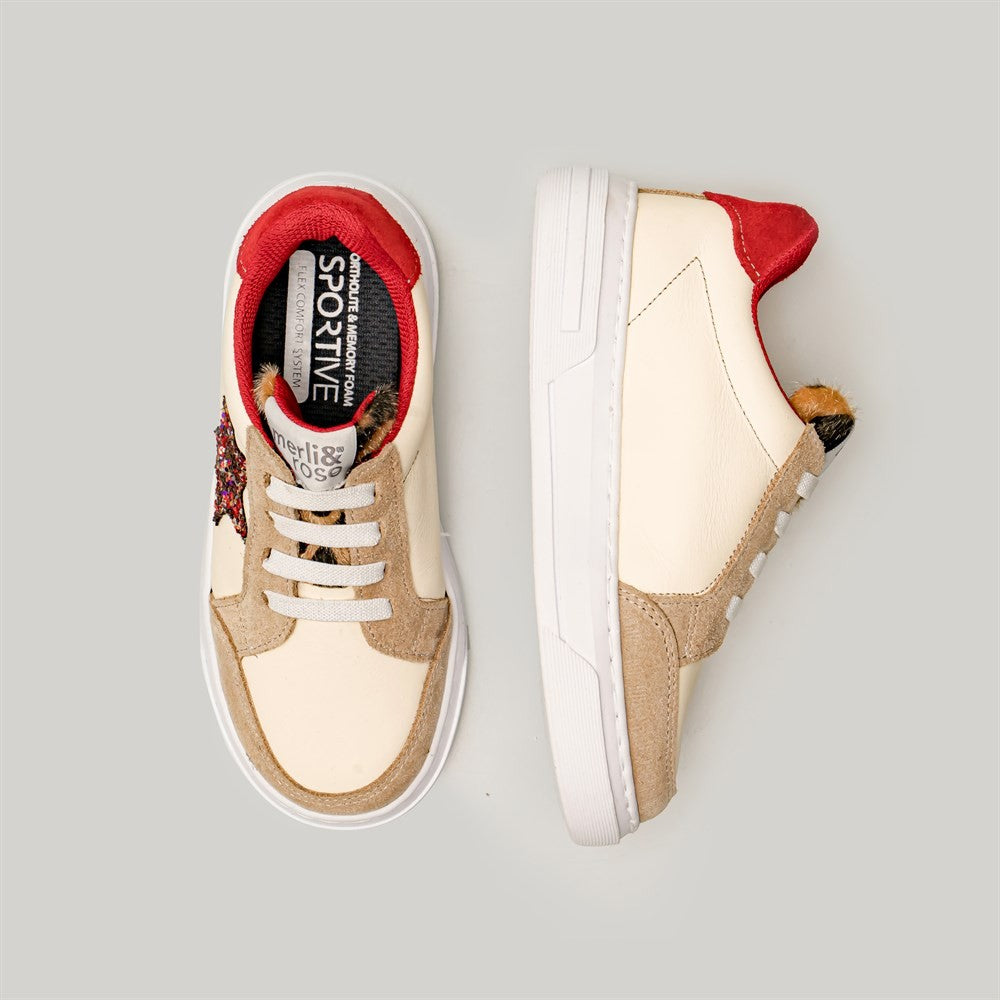 Merli&Rose Deri Star Sneaker Krem-Kırmızı