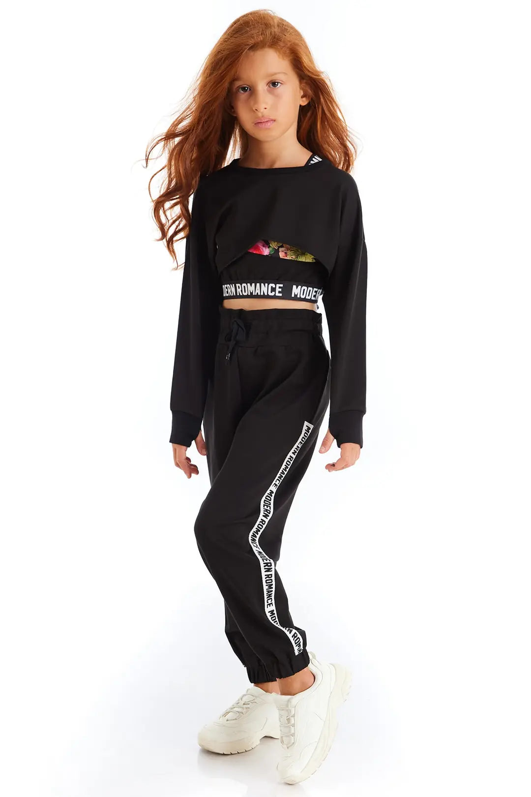 Nakış İşlemeli Crop Uzun Kol Kız Çocuk Penye Sweatshirt Siyah