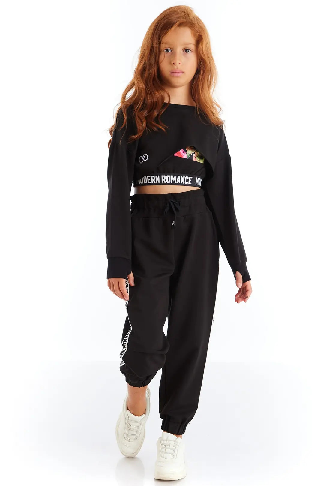 Nakış İşlemeli Crop Uzun Kol Kız Çocuk Penye Sweatshirt Siyah