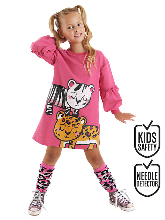 Denokids Leopar Zebra Kız Çocuk Pembe Balon Kollu Elbise