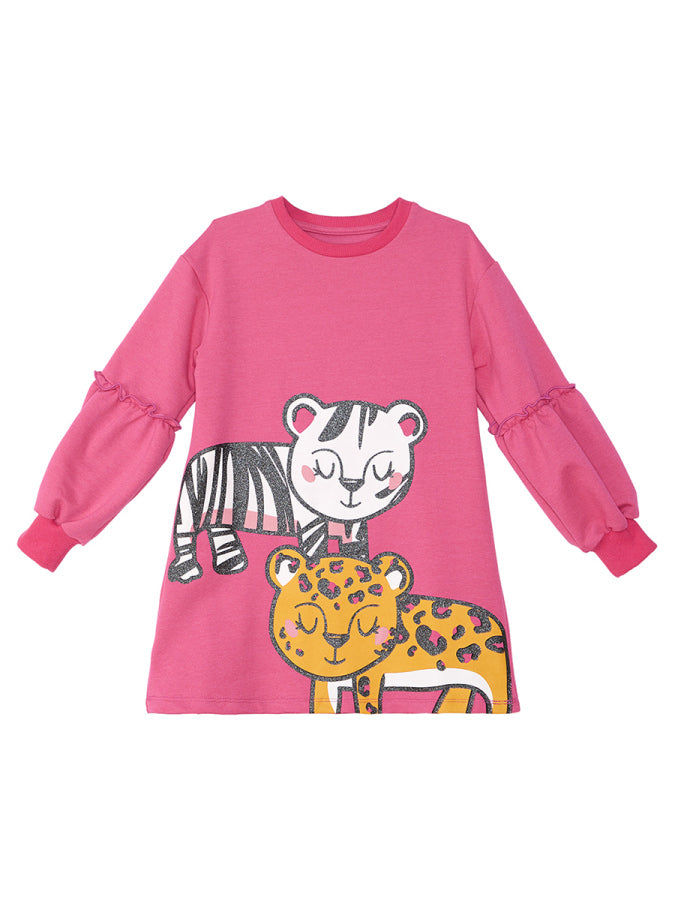 Denokids Leopar Zebra Kız Çocuk Pembe Balon Kollu Elbise