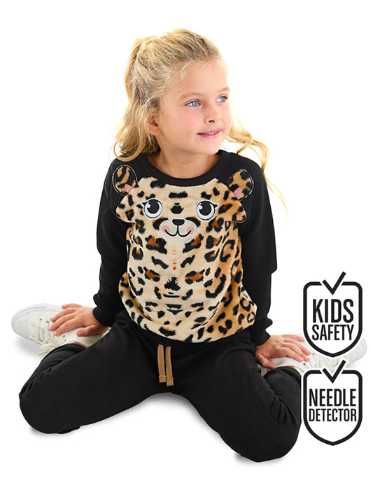 Deno Kids Peluş Leopar Kız Çocuk Kışlık Eşofman Takım