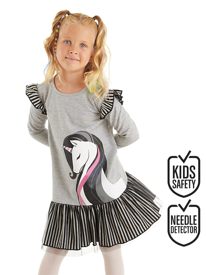Denokids Zarif Unicorn Gri Kız Çocuk Elbise