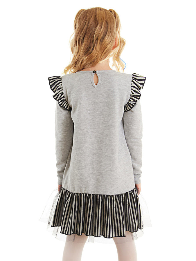 Denokids Zarif Unicorn Gri Kız Çocuk Elbise